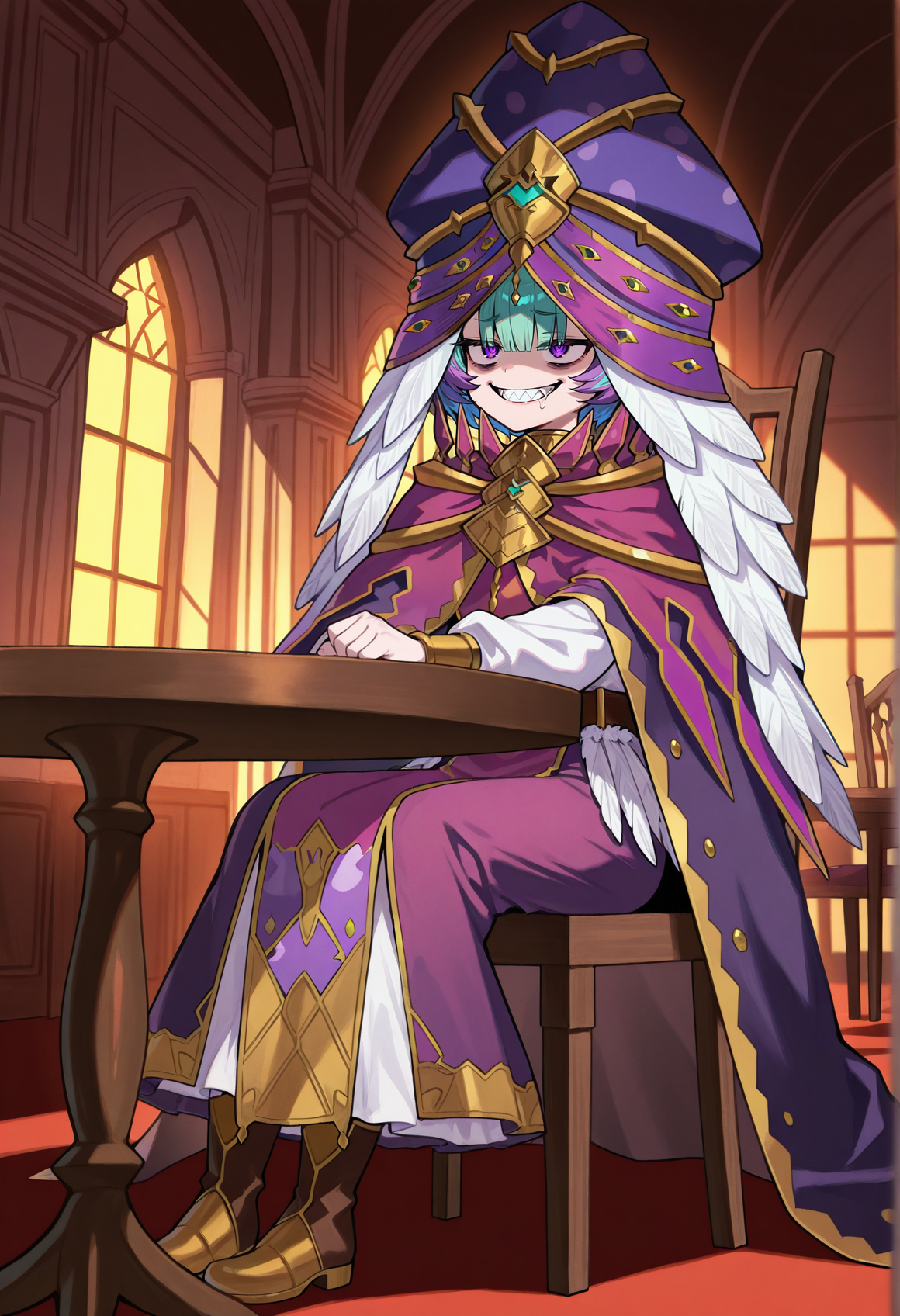 1girl, solo, short hair, multicolored hair, green hair, purple hair, purple eyes, sharp teeth, pointy hat, hood, hood up, cloak, long skirt, feathers, boots, sitting, indoors, mansion, evil smile, chair, table  <lora:locusta:1>, masterpiece, best quality, amazing quality, very aesthetic, absurdres, highres, newest