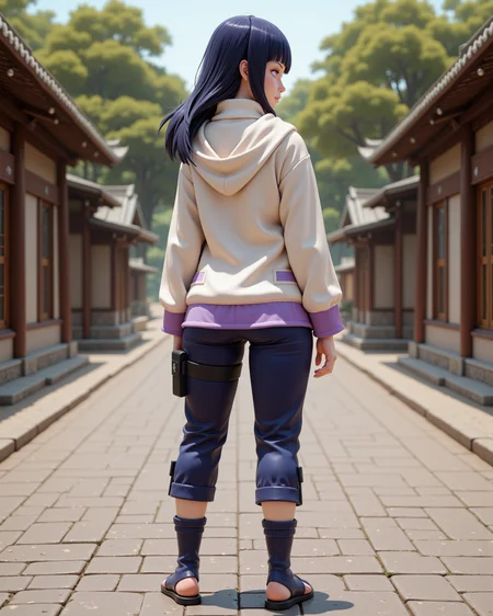 -looking at viewer, outdoors daylight, a 20 year old adult mature woman.
3d CGI Style, back view photo of.
<lora:Naruto_-_Hinata_v2-000030:1> n-hinata, purple eyes, blunt bangs, black hair wearing cream hooded jacket with lavender accents, navy blue pants, blue ninja sandals, Konoha forehead protector
Upper Body view passport style
