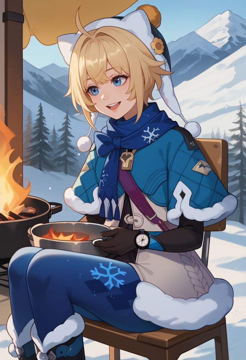 score_9, score_8_up, score_7_up, source_anime, 1girl, lynxlandaudef, 1girl, blue eyes, blonde hair, short hair, ahoge, hat, blue scarf, fur trim, fur-trimmed capelet, blue capelet, white jacket, winter clothes, blue pantyhose, snowflake print, black elbow gloves, watch, fur-trimmed boots, sitting, on chair, cooking, campfire, frying pan, fish, open mouth, smile, outdoors, snow, mountain, close-up, upper body, <lora:LynxLandau_v1-000010:1>