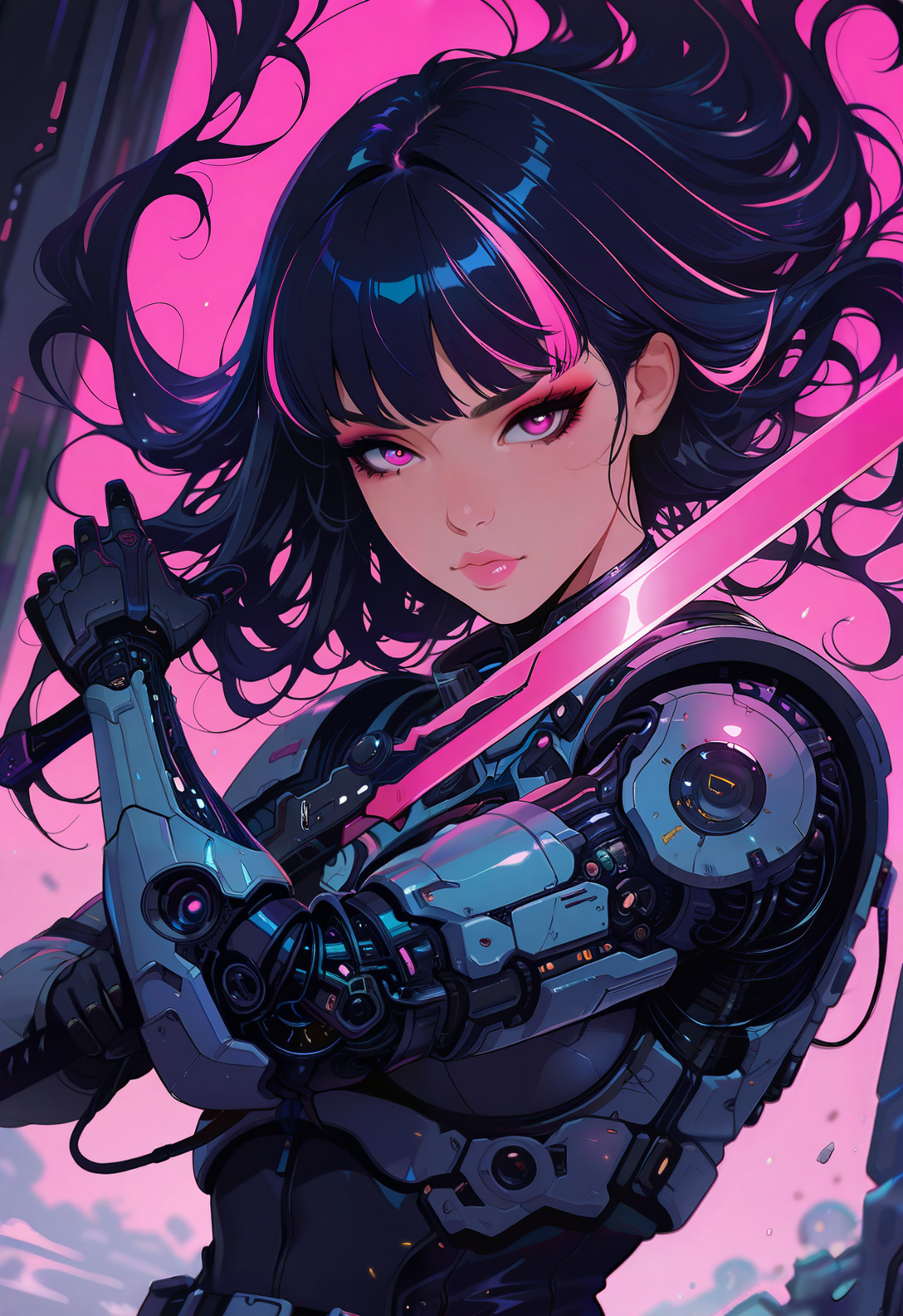 masterpiece, best quality, good quality, very aesthetic, absurdres, newest, depth of field, focused subject, in the style of cknc, 
dynamic angle, stance, 1girl, solo, long hair, flowing hair, neon hair, bioluminecent glow, parted pink lips, eyeshadow, upper body, sci-fi, looking at viewer, holding futuristic scimitar, unsheating, wind effect,