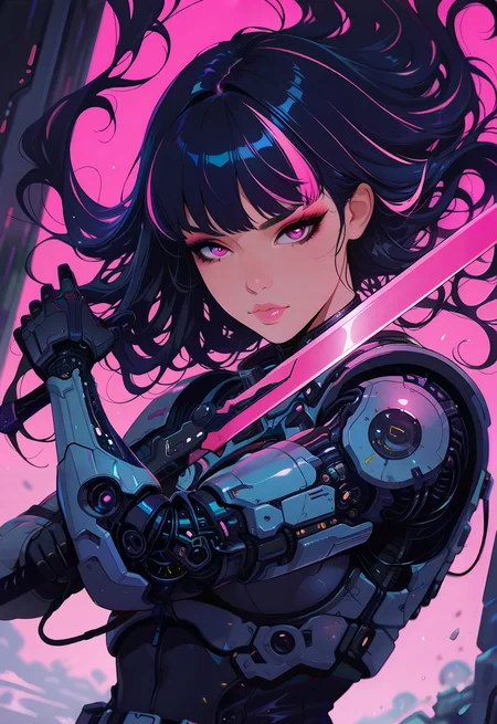 masterpiece, best quality, good quality, very aesthetic, absurdres, newest, depth of field, focused subject, in the style of cknc, 
dynamic angle, stance, 1girl, solo, long hair, flowing hair, neon hair, bioluminecent glow, parted pink lips, eyeshadow, upper body, sci-fi, looking at viewer, holding futuristic scimitar, unsheating, wind effect,