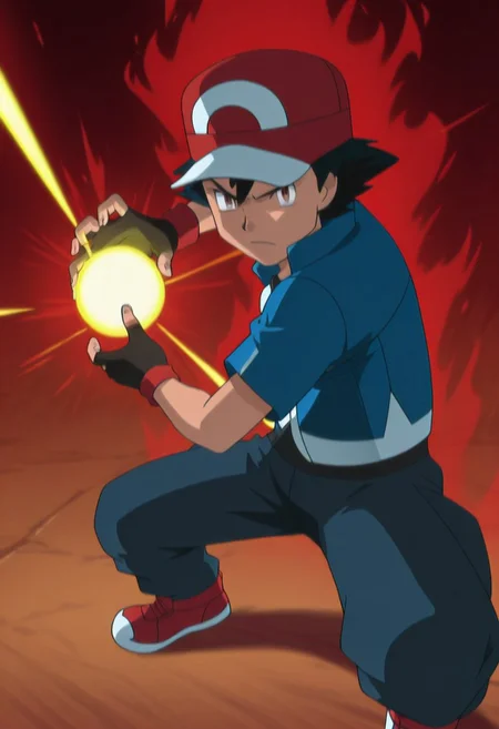 masterpiece, best quality, PokemonStyle, ashxyz, 1boy, male focus, solo, brown eyes, black hair, bangs, hat, baseball cap, red footwear, shirt, black shirt, jacket, blue jacket, short sleeves, gloves, black gloves, fingerless gloves, kamehameha, energy ball, aura, looking at the viewer, serious face