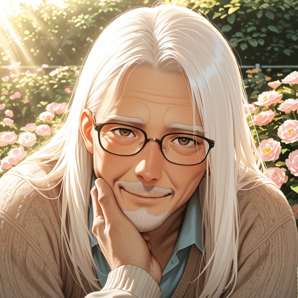 masterpiece, best quality, amazing quality, absurdres, newest, detailed background, definition so sharp, Ultra-HD, 8K cinematic, very awa, impressionate, amazing quality, highres, 
solo, male focus, manly, 
daikakukokujouji, lieutenant_white hair, lieutenant_brown eyes, 1boy, old man, looking at viewer, warm smile, long hair,wearing glasses \(on nose\), casual clothing, cardigan, outdoor setting, blooming garden, sunlight, peaceful, kind, approachable, comforting, joyful, grandfatherly