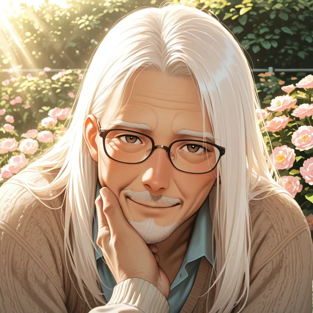 masterpiece, best quality, amazing quality, absurdres, newest, detailed background, definition so sharp, Ultra-HD, 8K cinematic, very awa, impressionate, amazing quality, highres,
solo, male focus, manly,
daikakukokujouji, lieutenant_white hair, lieutenant_brown eyes, 1boy, old man, looking at viewer, warm smile, long hair,wearing glasses \(on nose\), casual clothing, cardigan, outdoor setting, blooming garden, sunlight, peaceful, kind, approachable, comforting, joyful, grandfatherly