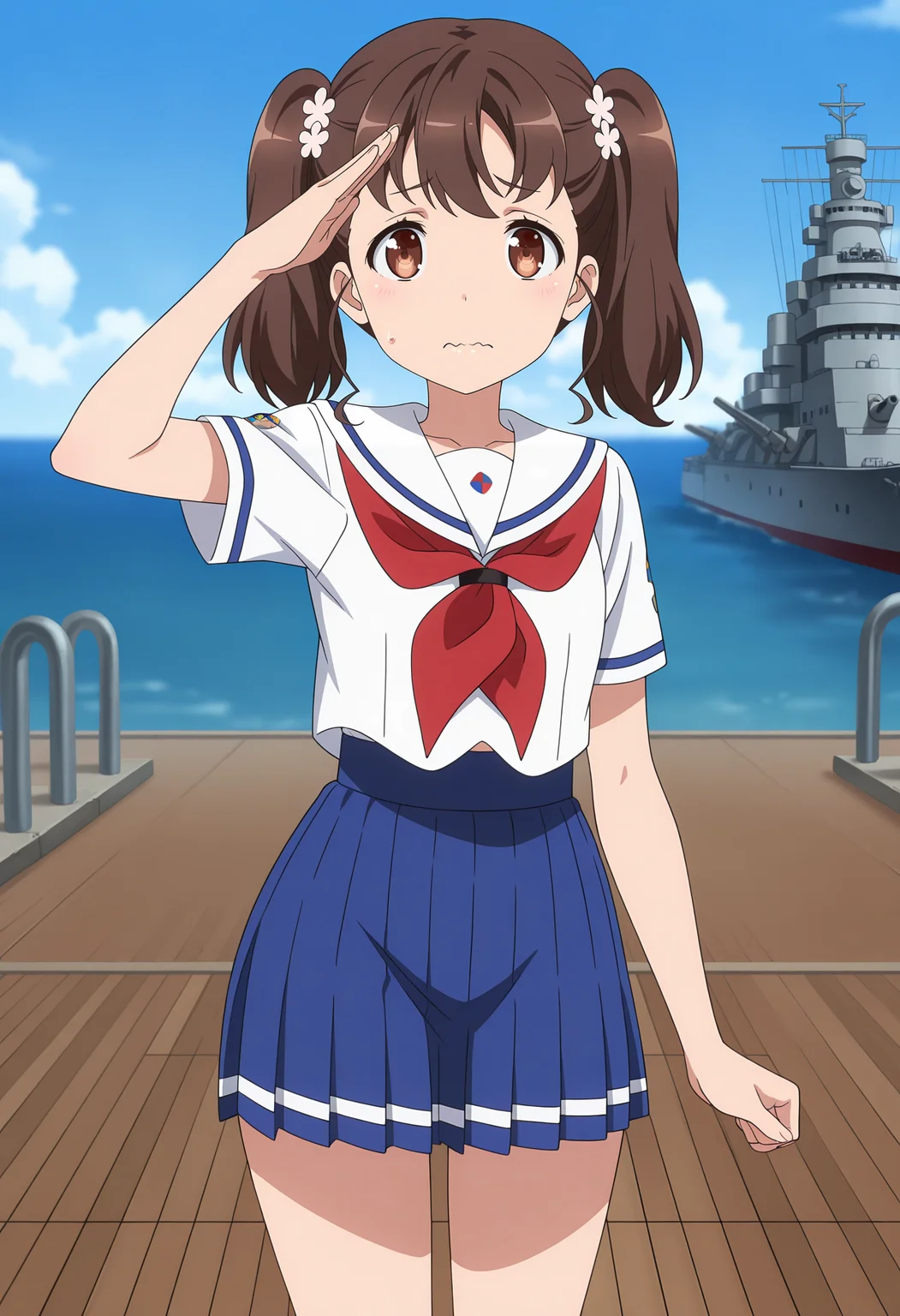 anime screencap, masterpiece, best quality,
<lora:HighSchoolFleet_ShiretokoRin_IlluXL:0.9>,
1girl, solo, closed mouth, wavy mouth, worried,
two side up, short hair, brown hair, brown eyes, hair flower,
white sailor collar, white shirt, red neckerchief, short sleeves, pleated skirt, blue skirt,
salute, standing, looking at viewer, cowboy shot, legs,
horizon, dock, outdoors, battleship, warship, blue sky, blurry background