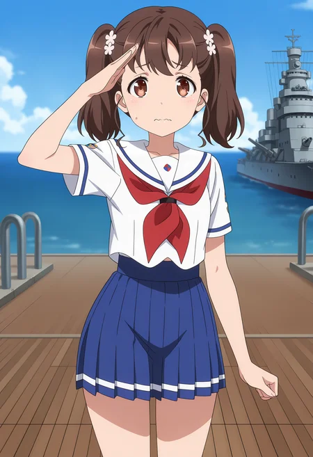 anime screencap, masterpiece, best quality,
<lora:HighSchoolFleet_ShiretokoRin_IlluXL:0.9>,
1girl, solo, closed mouth, wavy mouth, worried,
two side up, short hair, brown hair, brown eyes, hair flower,
white sailor collar, white shirt, red neckerchief, short sleeves, pleated skirt, blue skirt,
salute, standing, looking at viewer, cowboy shot, legs,
horizon, dock, outdoors, battleship, warship, blue sky, blurry background