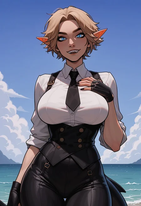 score_9, score_8_up, score_7_up, score_6_up, score_5_up, score_4_up, source_cartoon, rating_explicit, masterpiece, invncbl, absurdres, (high quality), detailed skin, detailed character design, ultra-high resolution, perfectly composed, clear, breathtaking attention to detail, highres, ultra detail, uncensored, detailed background, BREAK, 1girl, 20 age, expressiveh, sporty, big breast, Beige Hair, Very Short Curtain Hair, hair intakes, parted bangs, Blue Eyes, slit pupils, small pointy ears, short ears, thighs, fit body, medium thighs, medium hips, toned, necktie, gloves, suit, white shirt, black vest, black pants, sharp claws, ((big black shark tail)), (extremely detailed face and eyes), ocean, brows up, short canine fangs, mouth, horny, outdoors, cave, seductive, looking at viewer, black nails, skindentation, unique angle, unique perspective, dramatic angle,