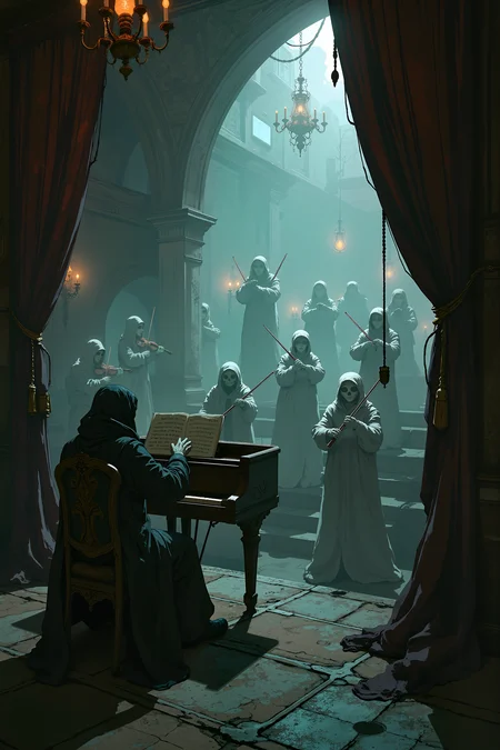 Deep within a cavernous music hall, an orchestra of translucent, ghostly figures plays an eerie, celestial symphony. The violinists' bows glide across their invisible strings, producing a sound like whispers through ancient corridors, while the brass section emits haunting, ethereal notes that shimmer in the air like distant echoes. At the grand piano, a skeletal conductor, draped in tattered royal robes, sways with the music, his bony fingers tracing each note in the dust-laden air. Chandeliers of softly glowing orbs float overhead, casting long, flickering shadows on the cracked marble floor. The stage is framed by heavy velvet curtains, frayed at the edges, as if they have been untouched for centuries. A mist rolls lazily through the hall, swirling around the feet of the spectral musicians, giving the illusion that they are floating just above the ground. The audience seats, draped in cobwebs, remain eerily empty, as though waiting for a long-forgotten guest to arrive. The entire scene is suspended in a twilight of memory, a performance playing endlessly for no living ears to hear. , detailed background  Fantastic lighting. Detailed shadows.intricate details, vivid colors, hyper-detailed, ultra-sharp, , <lora:Semi-realisticPortraitPainting:0.4> <lora:Let_It_Blaze_in_Crimson_anime_v1.0:0.6>