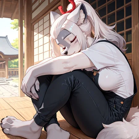masterpiece, best quality, newest, absurdres, highres, furry, perfect anatomy, H4kur0,1girl,solo,furry,furry female,wolf girl,white hair,long sidelocks,bangs pinned back,ponytail,red eyes,snout,animal nose,body fur,two-tone fur,grey fur,white fur,wolf tail, kemono, black kemono, black overalls, shrine, indoors, relaxing, sitting, eyes closed, arms around legs, hands together,