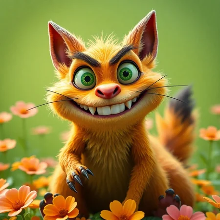 The image shows an exaggerated, cartoon-like creature with large green eyes, sharp teeth, and a wide, mischievous smile. It has a yellowish-brown fur coat, long whiskers, and sharp claws, with a bushy tail. The setting is a simple flowers green background.  highly detailed, high contrast, film grain, Rim Lighting, absurdres, amazing quality,,solo, smile, simple background, animal ears, sitting, tail, full body, teeth, cat ears, grin, cat tail, no humans, cat, sharp teeth, black background, claws, outline, green theme,realistic,, rich vivid colors, fertile, professional creative, dynamic cinematic perfect background, very coherent 