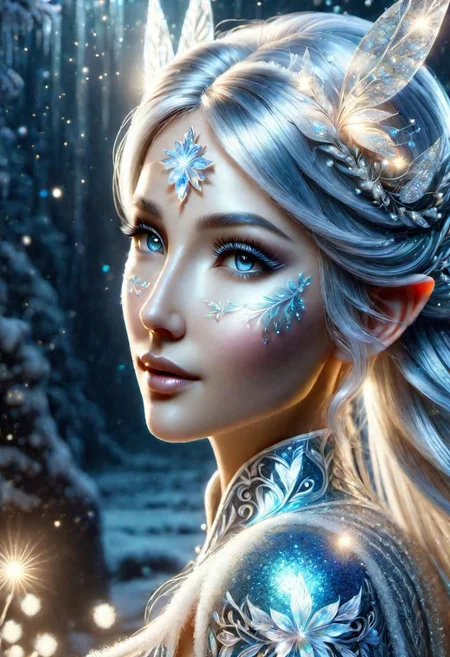 full body photo of an epoch elf, wearing a ((fairy dress), long glittery silver hair, perfect elven face, symmetrical eyes, fine details best quality, hyperdetailed face, photorealistic, highest quality, best shadow, highly detailed. photography, professional, 4k, 8k HD, professional, blue colors, blue light, blue atmosphere, FrostedStyle