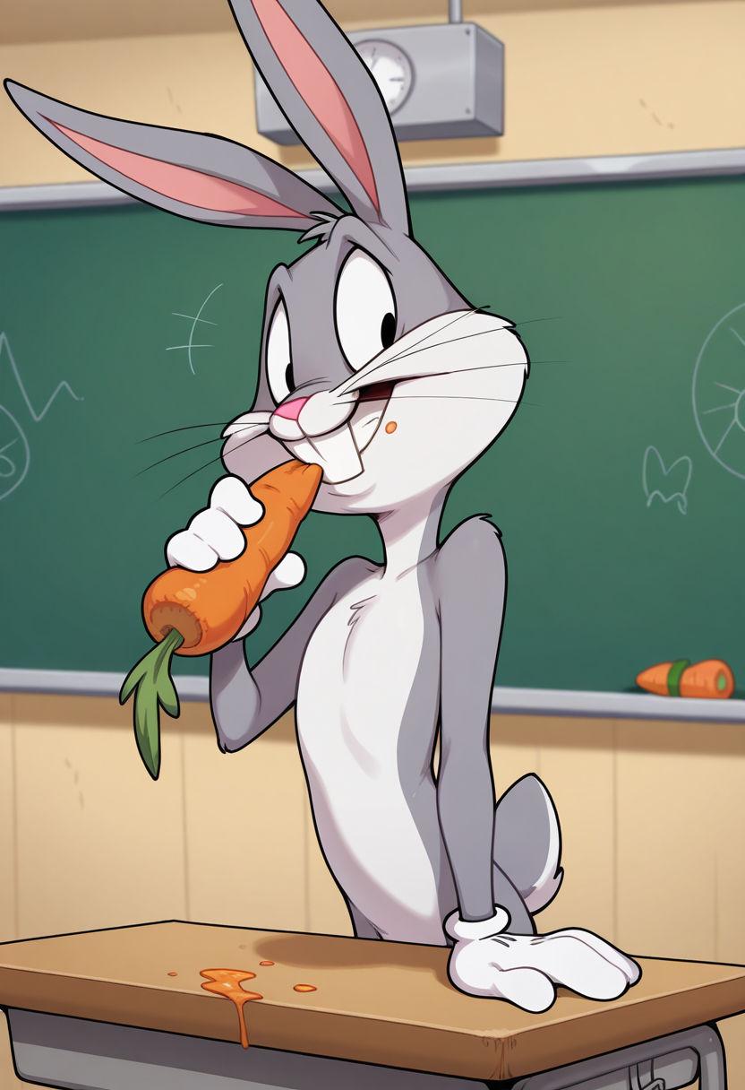 masterpiece, best quality, amazing quality,
classroom setting, solo,
(bugs bunny), black eyes, rabbit, grey fur, white fur, two tone fur, white bunny tail, rabbit ears,
smiling,  eating a carrot,
 <lora:Furry_Anthro_Bugs_Bunny_Lora:0.8>