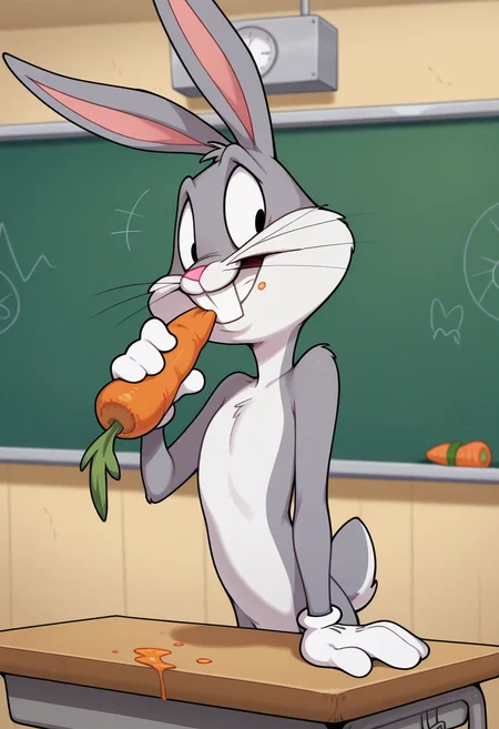 masterpiece, best quality, amazing quality,
classroom setting, solo,
(bugs bunny), black eyes, rabbit, grey fur, white fur, two tone fur, white bunny tail, rabbit ears,
smiling, eating a carrot,
<lora:Furry_Anthro_Bugs_Bunny_Lora:0.8>