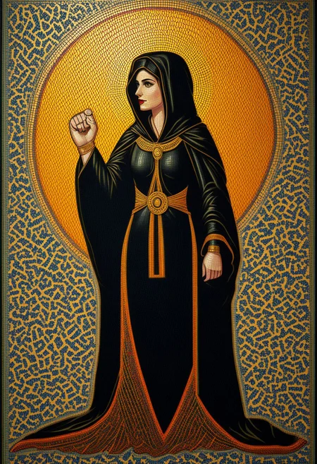 A colorful byzantine style mosaic with golden glow depicting in propaganda style an anarchist hero. she wears a dark robe with big hood and is raising her fist.