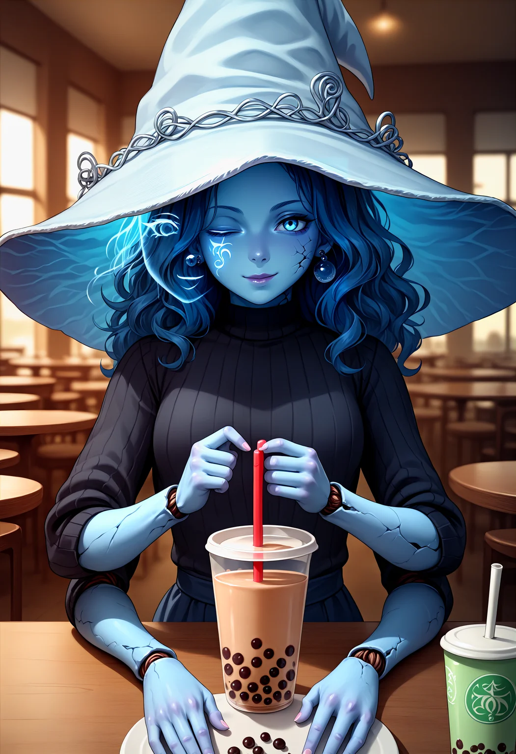 score_9, score_8_up, score_7_up, source_anime, 1girl, <lora:Ranni_XLPD_CAME:1>, IncrsXLRanni, wavy hair, cracked skin, colored skin, blue skin, (extra faces), (extra arms:1.3), 4 arms, doll joints, witch hat, pov across table, upper body, food, cup, seductive smile, turtleneck sweater, earrings, cafe, pov, table, black sweater, bubble tea,
