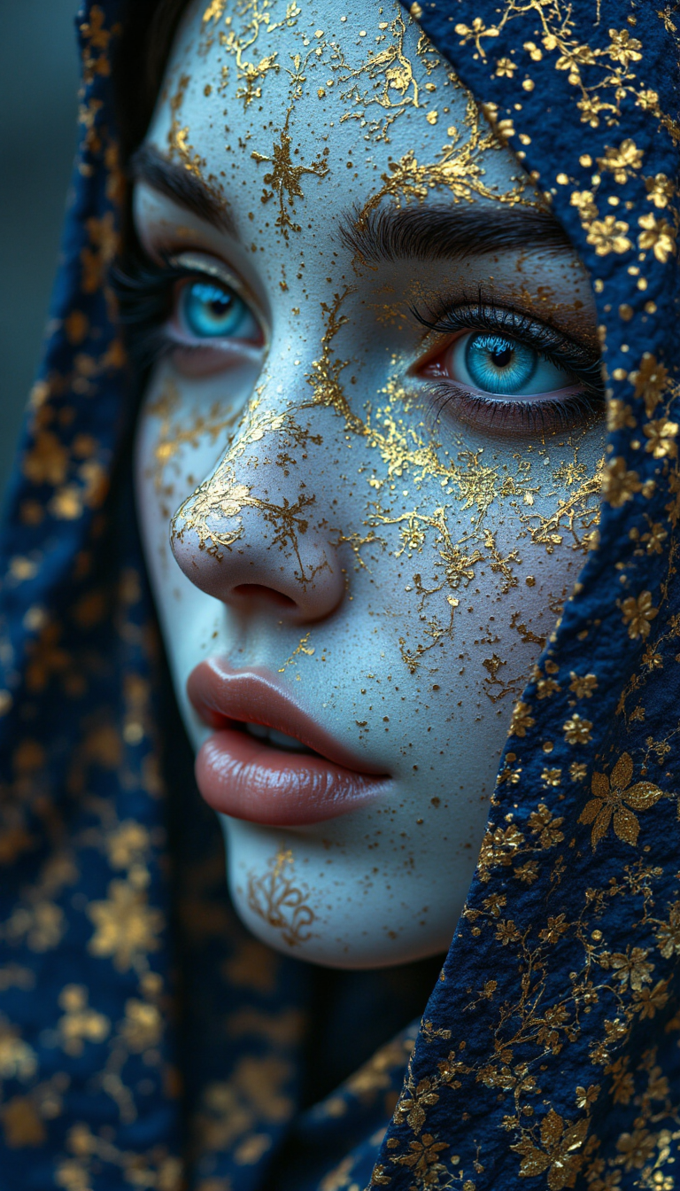 A hyperrealistic, ultra-HD quality illustration of a white porcelain female face, set against a dark navy blue background that evokes a sense of mystery and intrigue. The face is adorned with intricate, geometric gold patterns reminiscent of zentangle art, adding a layer of complexity and abstraction to the image. The patterns are highly detailed, with delicate lines and shapes that seem to shift and shimmer in the dim light. The overall atmosphere is moody and dramatic, with a soft, misty quality that recalls the work of Russ Mills. The navy blue background is almost palpable, with gritty tones that evoke the collage work of Dave McKean. The image is an extreme close-up, with the face filling the frame and the patterns seeming to leap off the surface. The style is a blend of magical realism, surrealism, and hyperrealism, with a dreamy, whimsical quality that draws the viewer in. The typography is dark and moody, with bold, abstract shapes that add to the overall sense of drama and mystery. The image is rendered in exquisite detail, with a 3D quality that makes the face seem almost lifelike. The effect is one of haunting beauty, as if the face is about to emerge from the darkness and take on a life of its own. The image features a shallow depth of field, with the face sharply in focus and the background softly blurred, adding to the overall sense of intimacy and mystery.
aidmafluxpro1.1 <lora:aidmaFLUXPro1.1-FLUX-v0.3:0.6>