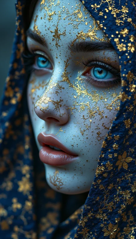 A hyperrealistic, ultra-HD quality illustration of a white porcelain female face, set against a dark navy blue background that evokes a sense of mystery and intrigue. The face is adorned with intricate, geometric gold patterns reminiscent of zentangle art, adding a layer of complexity and abstraction to the image. The patterns are highly detailed, with delicate lines and shapes that seem to shift and shimmer in the dim light. The overall atmosphere is moody and dramatic, with a soft, misty quality that recalls the work of Russ Mills. The navy blue background is almost palpable, with gritty tones that evoke the collage work of Dave McKean. The image is an extreme close-up, with the face filling the frame and the patterns seeming to leap off the surface. The style is a blend of magical realism, surrealism, and hyperrealism, with a dreamy, whimsical quality that draws the viewer in. The typography is dark and moody, with bold, abstract shapes that add to the overall sense of drama and mystery. The image is rendered in exquisite detail, with a 3D quality that makes the face seem almost lifelike. The effect is one of haunting beauty, as if the face is about to emerge from the darkness and take on a life of its own. The image features a shallow depth of field, with the face sharply in focus and the background softly blurred, adding to the overall sense of intimacy and mystery.
aidmafluxpro1.1 <lora:aidmaFLUXPro1.1-FLUX-v0.3:0.6>