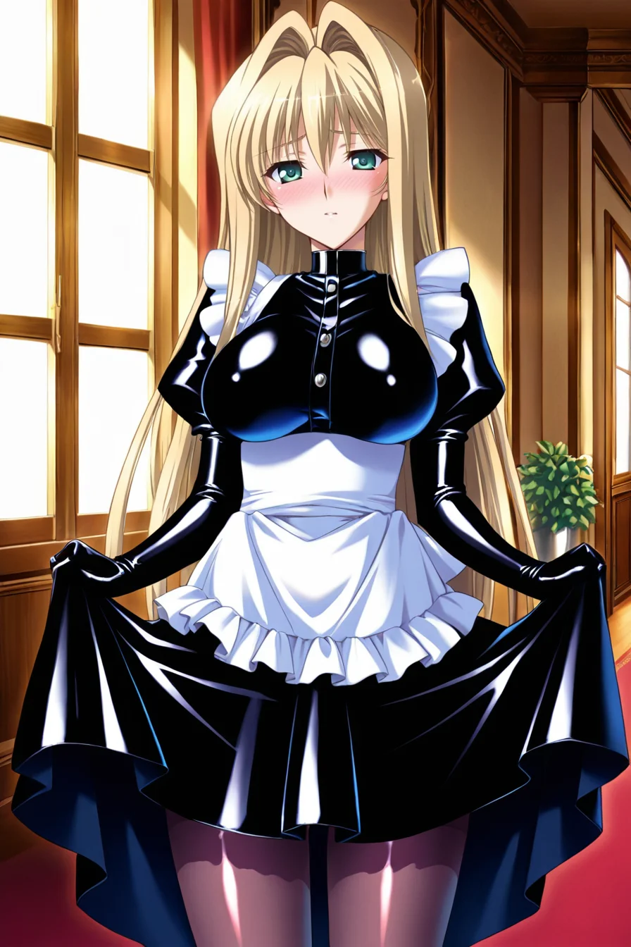 (masterpiece, best quality, game cg,highly_detailed,extremely_detailed_CG_unity_8k_wallpaper,illustration,highres,absurdres:1.2),1girl,solo, <lora:Milte:1>blonde hair,long hair,hair intakes,green eyes,french maid ,dark pastel,ruffled,gleaming latex,latex dress,maid gloves, soft lighting, ruffles,apron, sexy latex tights,pov,looking at viewer,in front of the windows,manor,huge window,potted plants,red carped,hallway,,blushing,embarassed,cute,close up,cowboy shot,dynamic angle