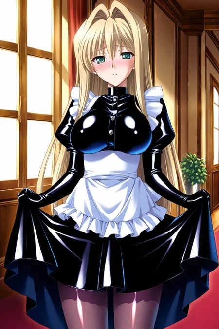 (masterpiece, best quality, game cg,highly_detailed,extremely_detailed_CG_unity_8k_wallpaper,illustration,highres,absurdres:1.2),1girl,solo, <lora:Milte:1>blonde hair,long hair,hair intakes,green eyes,french maid ,dark pastel,ruffled,gleaming latex,latex dress,maid gloves, soft lighting, ruffles,apron, sexy latex tights,pov,looking at viewer,in front of the windows,manor,huge window,potted plants,red carped,hallway,,blushing,embarassed,cute,close up,cowboy shot,dynamic angle