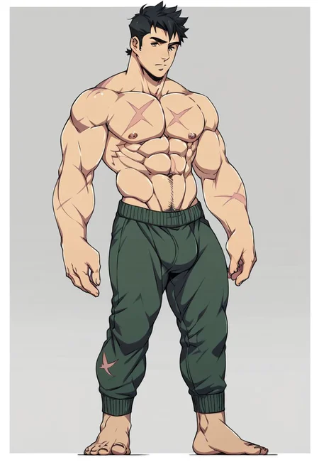 score_9, score_8_up, score_7_up, score_6_up, score_5_up, score_4_up,1BOY,MALE FOCUS,SOLO,MUSCULAR,MUSCULAR MALE,PECTORALS,ABS,SCAR,BLACK HAIR,ANIBODY,FULL BODY,BESIDE