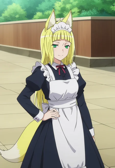 score_9, score_8_up, score_7_up, source_anime,
BREAK
1girl, solo, anime screencap, anime coloring,
<lora:shiHaruhimeV1:1>, shiharuhimemaid, fox ears, fox tail,
long hair, blonde hair, green eyes, blunt bangs,
maid headdress, maid apron, black dress, puffy sleeves, neck ribbon,
looking at viewer, hand on own hip, outdoors, smile,