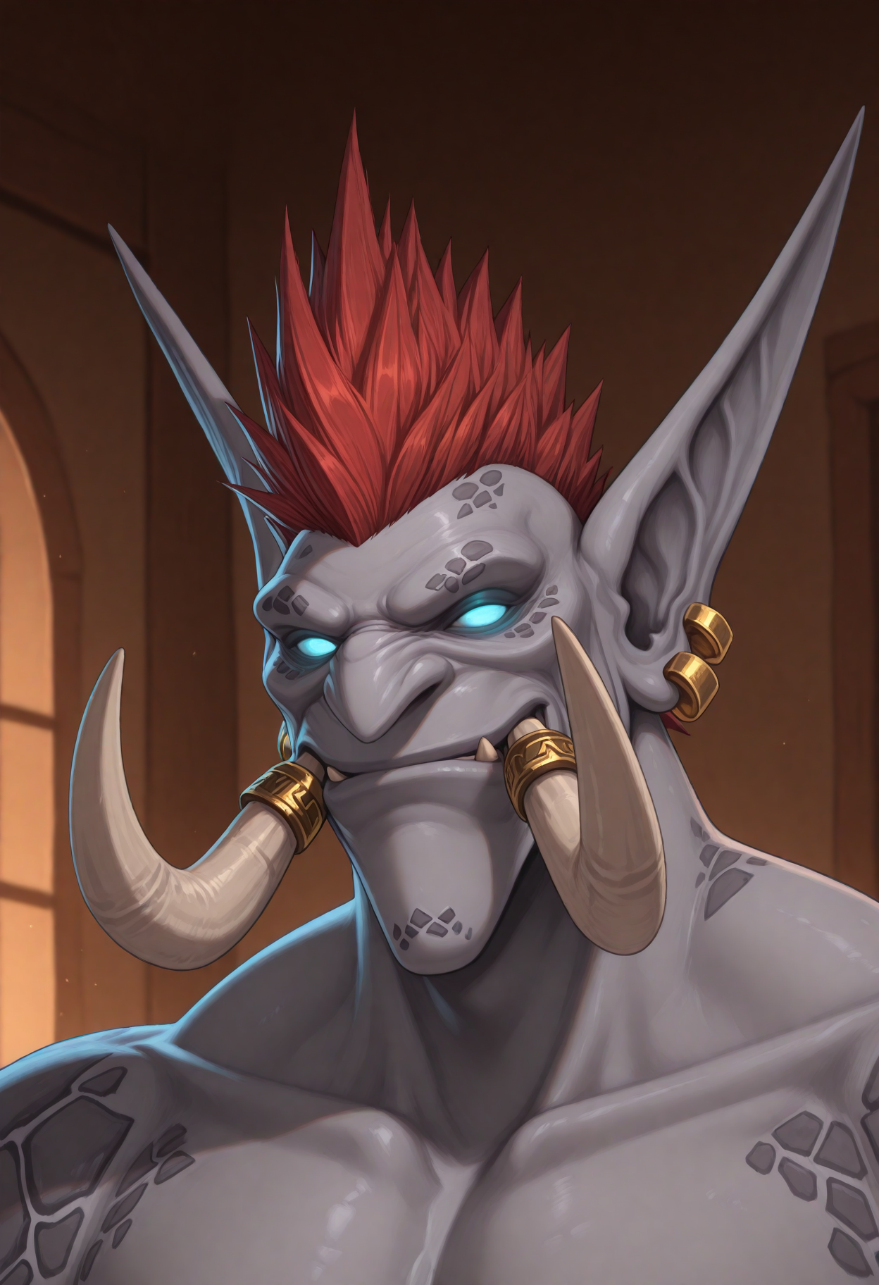 solo, male focus, manly, close-up, portrait, 1boy, zandalari, red hair, spiked hair, troll, tusks, pointy ears, earrings, gray skin, glowing blue eyes, no pupils, muscular, indoors, head tilt,
perfect anatomy, masterpiece, perfect quality, best quality, detailed, newest, very aesthetic
<lora:Illustrious\ZandalariTroll_WoW_V1_ILXL:1.0>
<lora:Illustrious\Details\illustriousXL_stabilizer_v1:0.5>