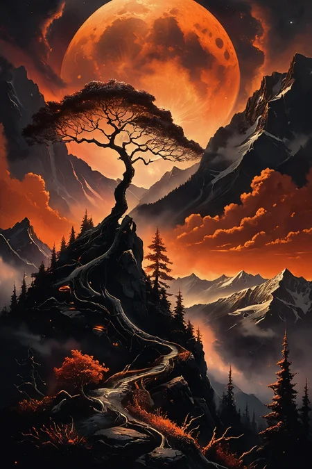the image presents a surrealistic landscape scene. dominating the background is a large mountain, adorned with a red orange hue that transitions into deep orange and brown hues near the peak. the mountain's top is capped with a red light, adding an eerie glow to the scene. in the foreground, there's a tree with gnarled branches reaching out towards the sky, reminiscent of a bony hand. this tree appears to be made of black lines against a backdrop of red orange clouds. above, the night sky is visible, with the moon casting a soft white light. despite being set at night, the colors and lighting give the scene a dreamy and ethereal quality., romantic impressionism, dream scenery art, beautiful oil matte painting, romantic, style of thomas kinkade, beautiful digital painting, anime landscape, romantic painting, thomas kinkade style painting, dreamlike digital painting, colorful painting, beautiful gorgeous digital art, style thomas kinkade
<lora:The_Dark_Side_Of_The_Future:0.8>,
<lora:EnvyBetterHiresFixXL01:1.0>,
<lora:extremely_detailed:1.0>, extremely detailed,