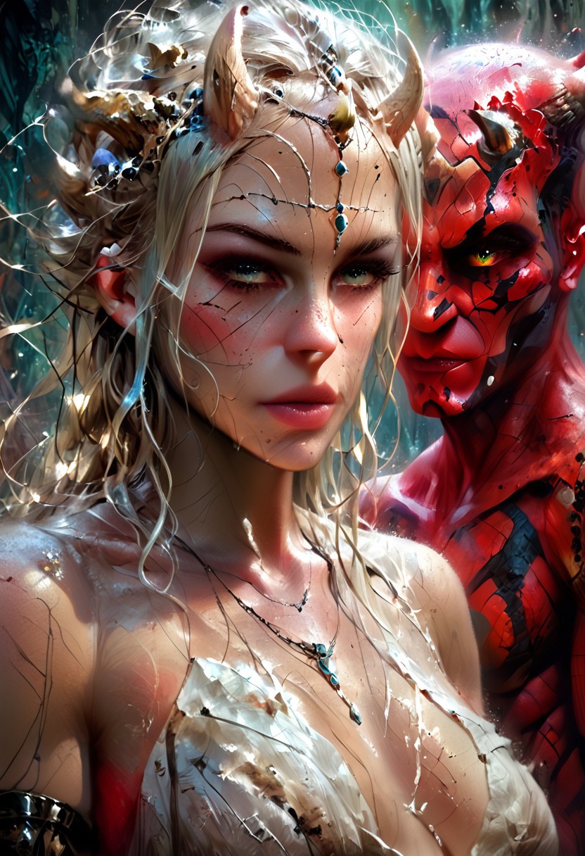 Dathomirian Zabrak alien, small white horns, red skin, Luminous eyes looks at the camera, 
Beautiful picture of the character, character portrait, character portrait, 🤤  character art, epic portrait illustration, Details character portrait, neo-artcore and high quality portrait, fantasy concept art portrait, detailed matte fantasy portrait, charlie bowater art style, Detailed beautiful portrait, fantasy art portrait, mythp0rt
oil painting, dark, chiaroscuro, low-key
