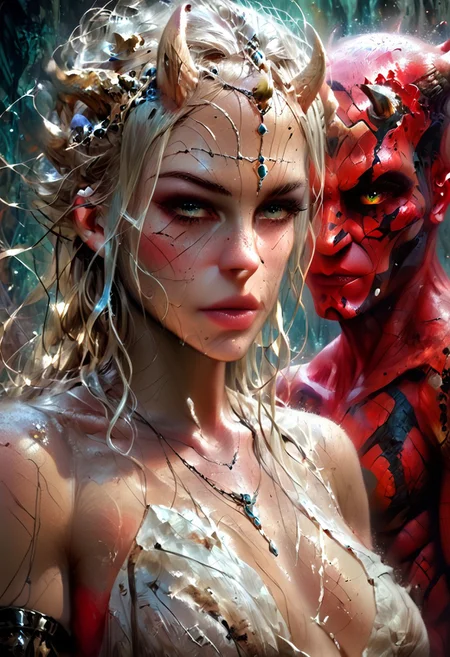 Dathomirian Zabrak alien, small white horns, red skin, Luminous eyes looks at the camera, 
Beautiful picture of the character, character portrait, character portrait, 🤤  character art, epic portrait illustration, Details character portrait, neo-artcore and high quality portrait, fantasy concept art portrait, detailed matte fantasy portrait, charlie bowater art style, Detailed beautiful portrait, fantasy art portrait, mythp0rt
oil painting, dark, chiaroscuro, low-key