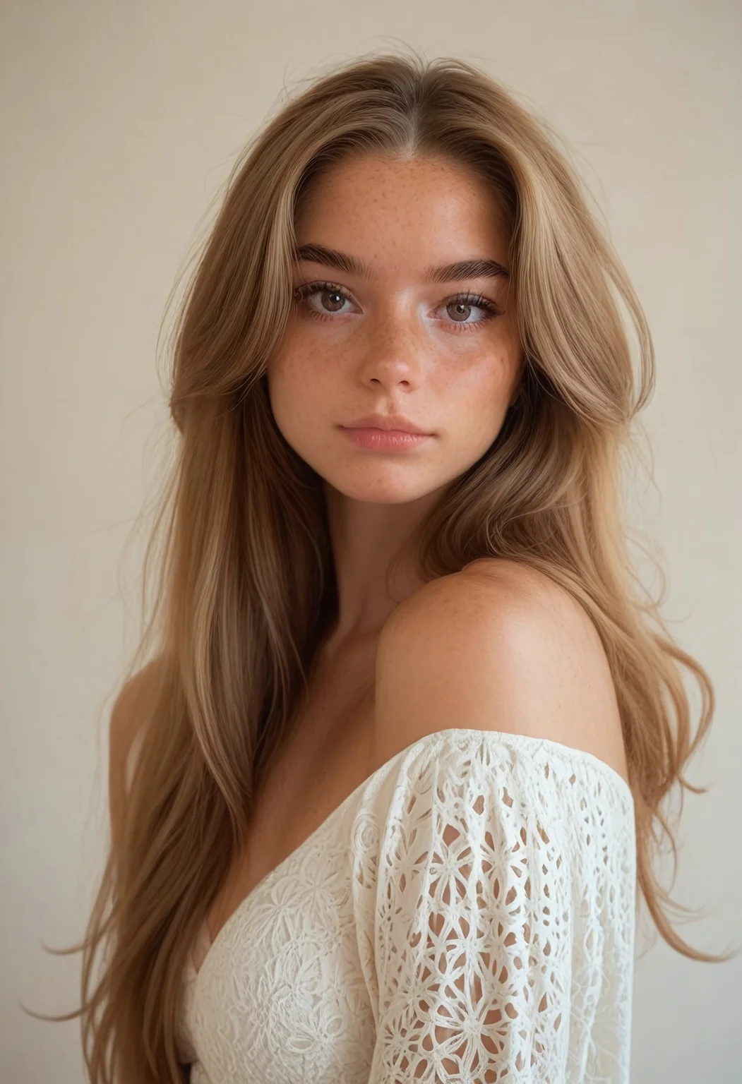 score_9,score_8_up,score_7_up, a beautiful girl, 1 girl, solo, long hair, looking at viewer, light brown hair, freckles, <lora:Lxhnnh:0.85>