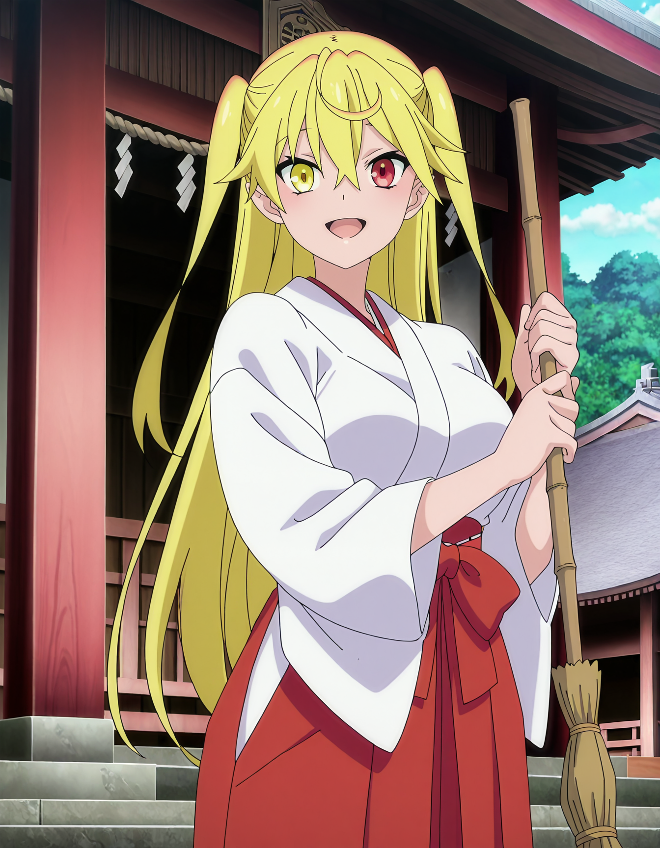hizuki_reynard-yamada, yellow eyes, heterochromia, red eyes,two side up,Miko,japanese clothes,Shrine,holding broom,hakama,looking at viewer,smile,open mouth,1girl,masterpiece,best quality,amazing quality <lora:hizuki_reynard-yamada-ILXL:0.9>, anime screencap,