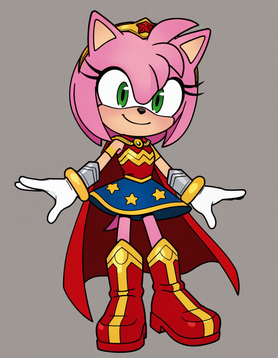 1girl, solo, no humans, petite, standing, jumping lightly, animated expression, twinkling smile, spirited pose,
<lora:WonderAmy_v1:0.9> wonderamy, alternate costume, amy rose, gold trim, red cape, white gloves, bracer, gold hairband, blue skirt, sleeveless, breastplate, armored boots, red boots, star \(symbol\), star print, bare shoulders, armlet, miniskirt, gold brooch, brooch, red shirt, gold bracelet, tail through clothes,
 traditional media, sketch, hatching \(texture\), watercolor \(medium\),  <lora:AcanthAI_v2:1> acanthai, extremely detailed, highres, masterpiece, best quality