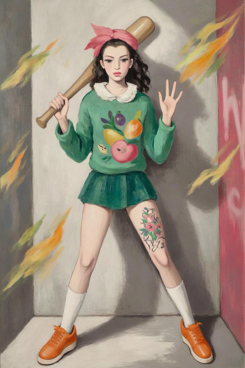 malau1 painting .
Full body, liquid splash, cartoonish juicy fruits chaos, dynamic pose, dynamic camera, a fashion shoot, an illustration of a young woman threateningly holding a baseball bat in her hands, full body tattoo, wearing green short sweater, miniskirt, knee socks, orange sneakers, aggressive facial expression, wall with graffiti in the background,  <lora:malau1_cap_d6a3e12:1.0><lora:825096856028700685:0>