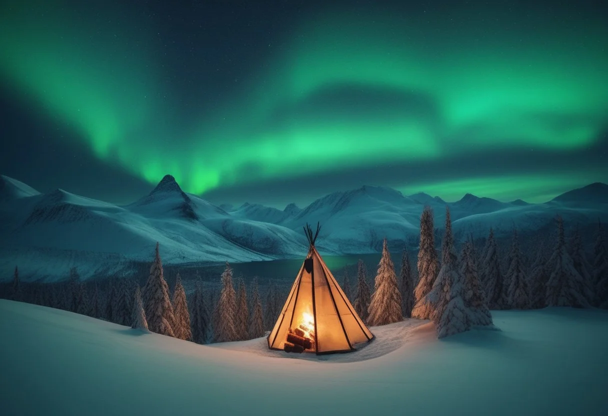 Beautiful scenic view of winter mountains and a christmas forest. Christmas pine trees with Christmas lights. campfire. Northern lights, aurora borealis