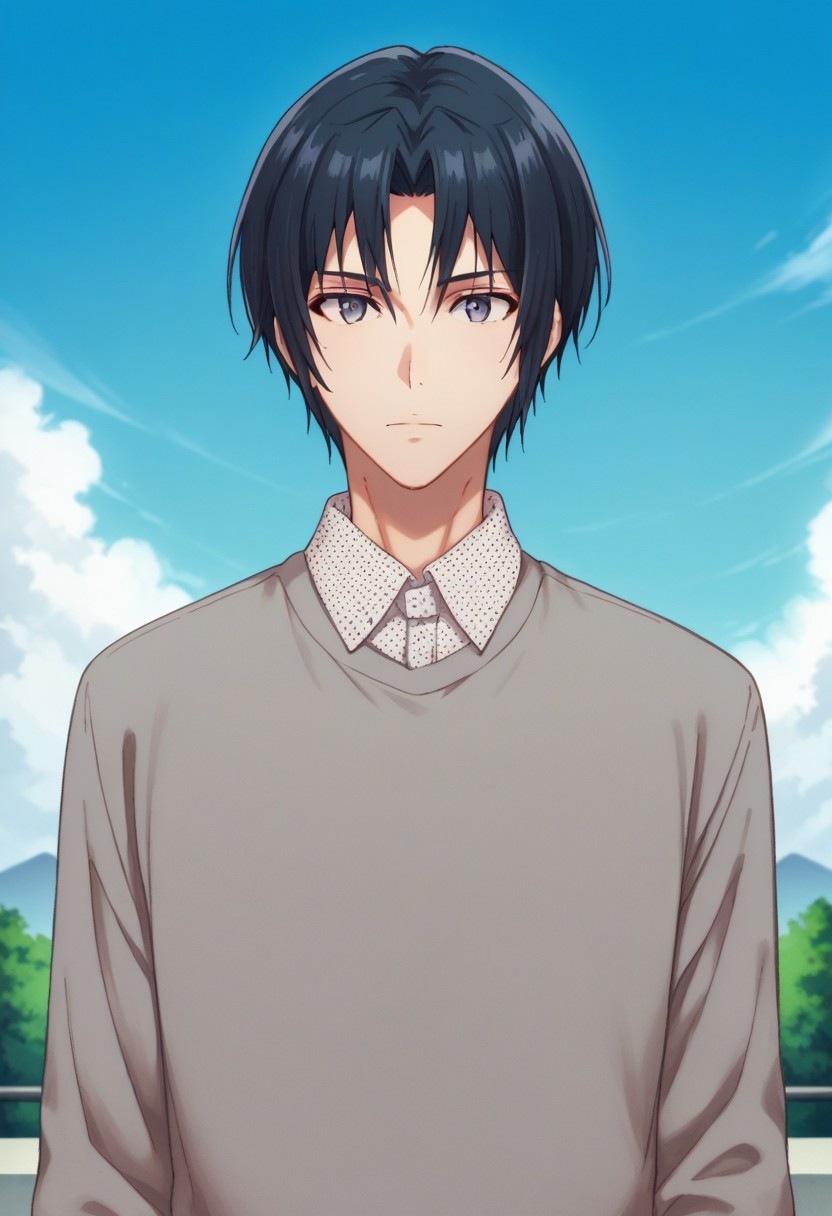 score_9, score_8_up, score_7_up, source_anime, highly detailed, 
iorizumi, 1boy, male focus, solo, black hair, looking at viewer, grey eyes, black eyes, sweater, shirt, collared shirt, upper body,
outdoor, sky,