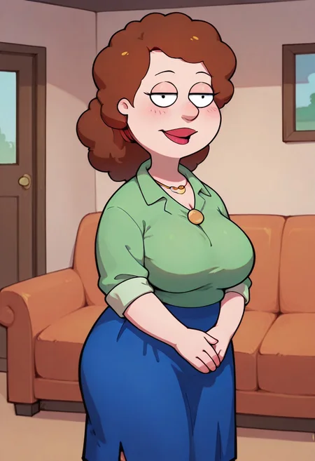 score_9,score_8_up,score_7_up,score_6_up,best quality, 1girl, solo, living room, couch, indoors,
BREAK
unnamed girl, brown hair, black eyes, (mature female:1.5), (plump:1.2), large breasts, gigantic hips, green sweater, rolled up sleeves, blue skirt, stockings, own hand together, blush, smile, looking at viewer, long skirt, half-closed eyes, necklace,