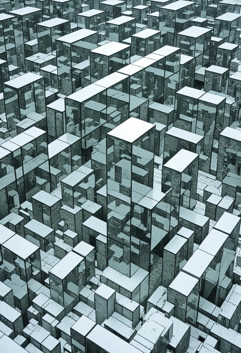 <lora:Pieper-Geometrics-Perspective:0.8>,A labyrinth of glass panels reflecting distorted versions of reality, Reflections and Mirrors,