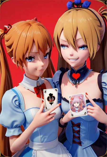 score_9, score_8_up, score_7_up, 2girls, alice in wonderland style, Asuka Langley, blue dress, detached collar, Queen of Hearts, holding card, smug grin, 3d \(artwork\), ami arakawa