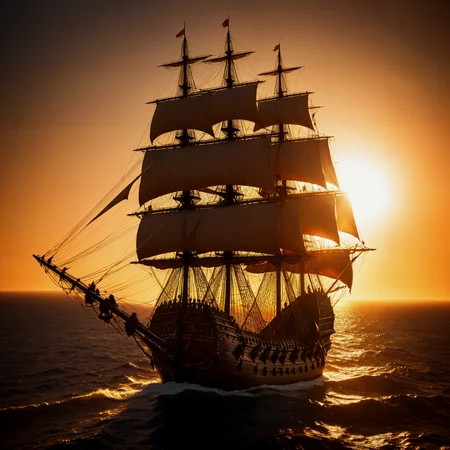 An Spanish galleon on the high seas. Sunset. Backlit. Lens flare. Sails glowing with illumination from behind.
<lora:LensFlare01a_CE_XL_300-OT:0.4> lnsflrCE_style