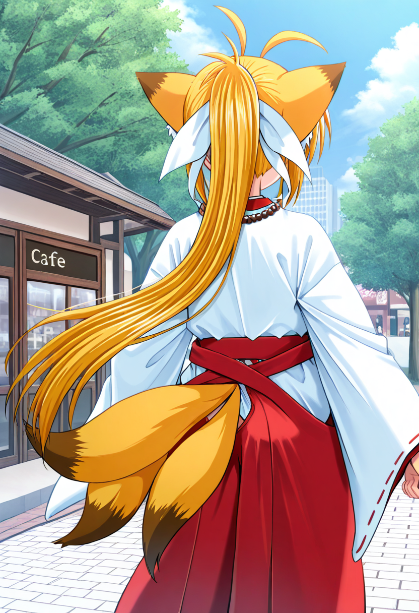 best quality, masterpiece, kuon_(triangle_heart), 1girl, solo, two-tone fox ears, bead necklace, two-tone fox tail, blonde hair, long hair, long hair, ponytail, white hair ribbon, red hakama, japanese clothes, miko, outdoors, cafe building, town, tokyo \(city\), in front of cafe building, trees, from behind, uncensored, multiple tails, standing, <lora:Triangle_Heartã¨ãããããããã¼ã_-_Kuon:1>