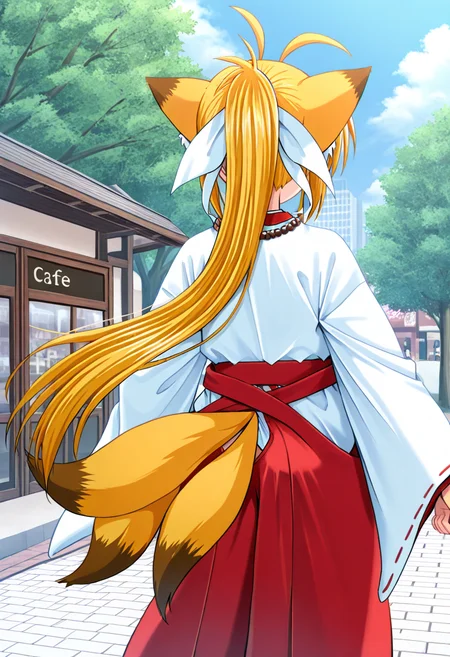 best quality, masterpiece, kuon_(triangle_heart), 1girl, solo, two-tone fox ears, bead necklace, two-tone fox tail, blonde hair, long hair, long hair, ponytail, white hair ribbon, red hakama, japanese clothes, miko, outdoors, cafe building, town, tokyo \(city\), in front of cafe building, trees, from behind, uncensored, multiple tails, standing, <lora:Triangle_Heartã¨ãããããããã¼ã_-_Kuon:1>