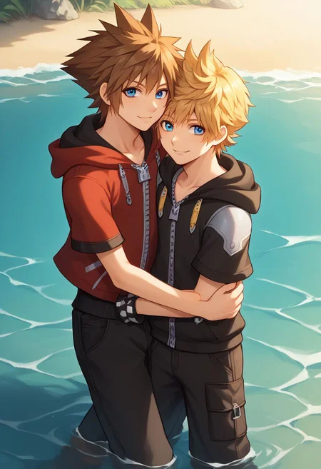 score_9, score_8_up, source_anime, highly detailed, 2boys,
sora, spiked hair, male focus, 1boy, brown hair, blue eyes, zipper, hoodie, BREAK
roxas, 1boy, zipper, male focus, spiked hair, blue eyes, blonde hair, pants, short sleeves, zipper pull tab,
indoor, outdoor, beach, bare foot, hug, smile, foot in water,