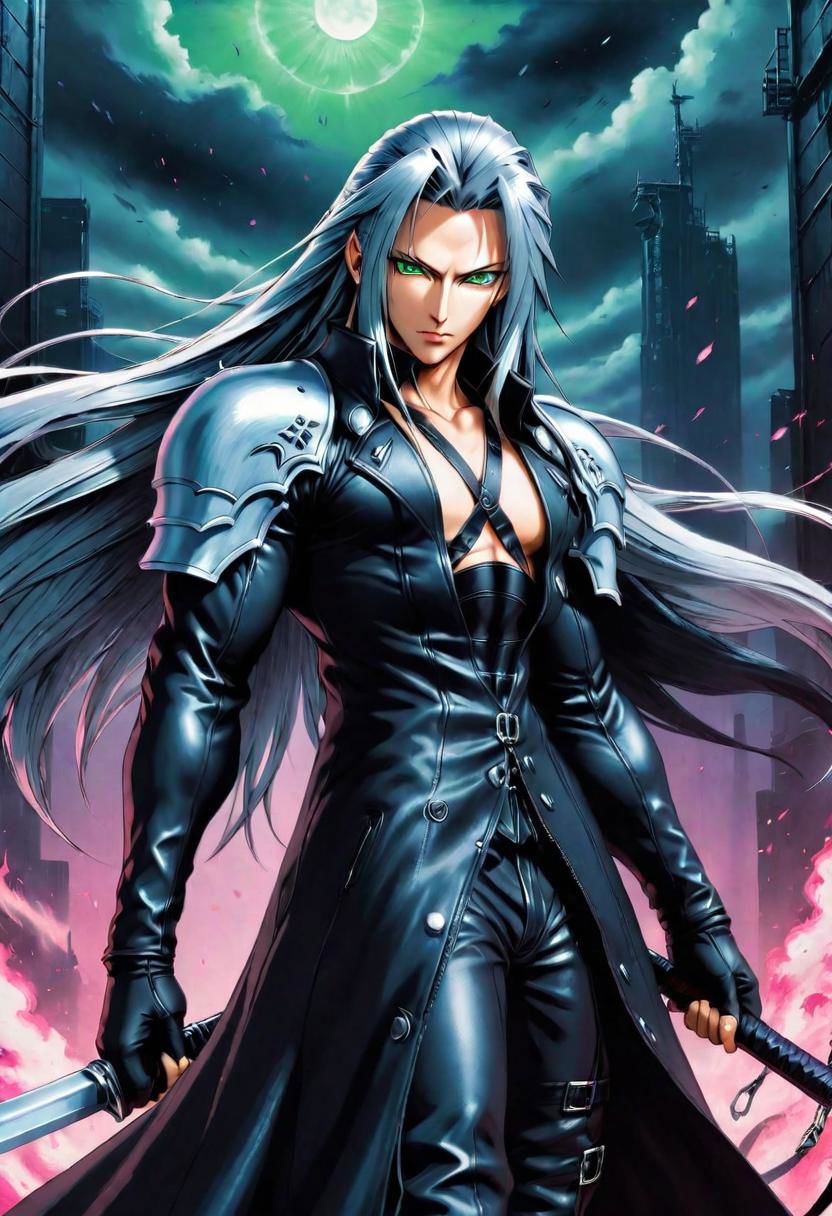 ASCIImasterpiece, best quality, detailed oil painting, dynamic manga action scene, dark vaporwave background, Sephiroth, coat, pauldrons, fantasy painting