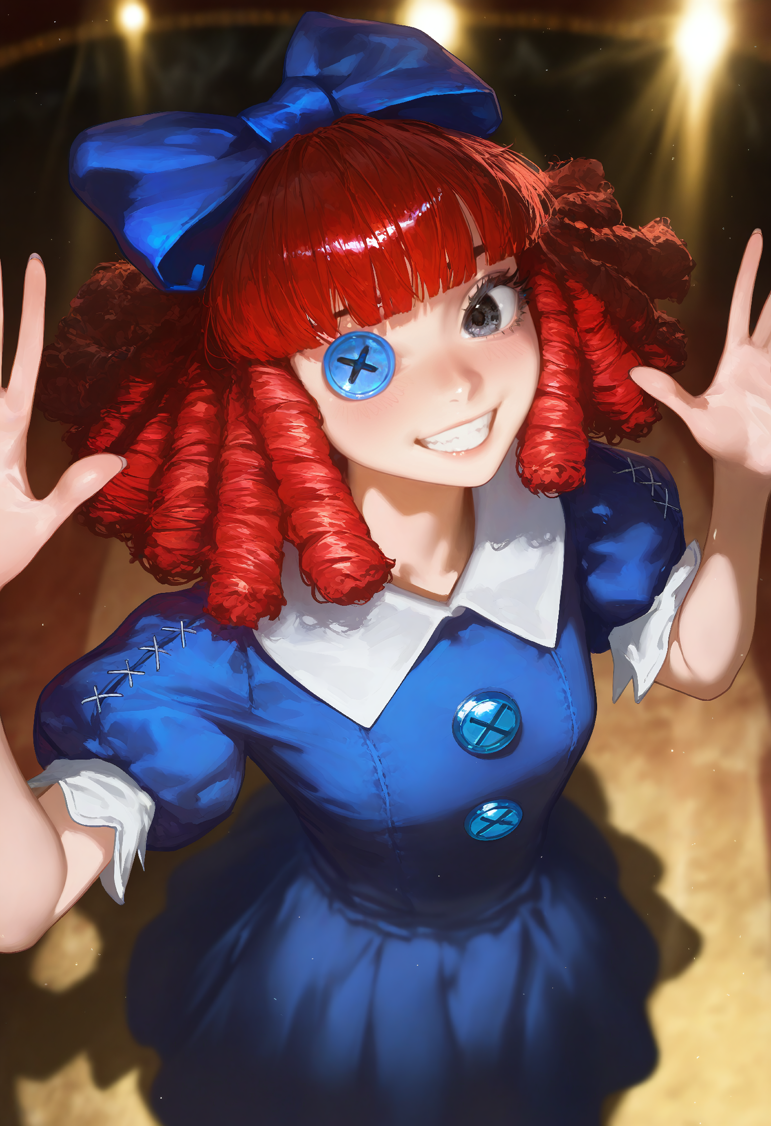 HDR, 8K, high contrast, masterpiece, best quality, amazing quality, very aesthetic, superabsurd res, high resolution, ultra-detailed, absurdres, newest, scenery, 1girl, solo, ragathaSDXL, ragatha, red hair, (blunt bangs),(blue button left eye:1.25), (black right eye:1.1), black eyebrows, standing, cute pose, dynamic pose,(raised hands), very happy, satisfied, wide grin, looking at viewer, white collar, hair bow, blue bow, long blue dress with darker blue patches sewn on, puffy short sleeves, circus,from above, three quarter view,light rays,Intricately designed, Mysterious Shadows