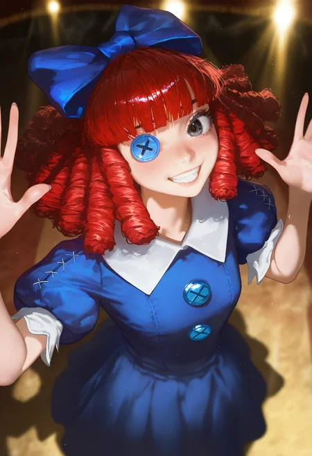 HDR, 8K, high contrast, masterpiece, best quality, amazing quality, very aesthetic, superabsurd res, high resolution, ultra-detailed, absurdres, newest, scenery, 1girl, solo, ragathaSDXL, ragatha, red hair, (blunt bangs),(blue button left eye:1.25), (black right eye:1.1), black eyebrows, standing, cute pose, dynamic pose,(raised hands), very happy, satisfied, wide grin, looking at viewer, white collar, hair bow, blue bow, long blue dress with darker blue patches sewn on, puffy short sleeves, circus,from above, three quarter view,light rays,Intricately designed, Mysterious Shadows