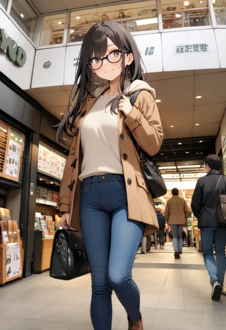 masterpiece, best quality, very aesthetic, absurdres,
1girl, solo, glasses, black hair, long hair, duffle coat, black bag, smile, looking at viewer, solo focus,
ths, storefront, photo background, multiple boys, pants, bag, jeans, walking, indoors, black hair, shirt, brown hair, shop
<lora:sannomiya_hands_SDXL_V1:0.8>