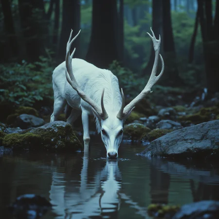 ArsMovieStill, 80s Fantasy Movie Still, The image shows a white deer drinking water from a pond surrounded by rocks and trees in the background., deer, nature, no humans, forest, water, antlers, animal, tree, scenery, night