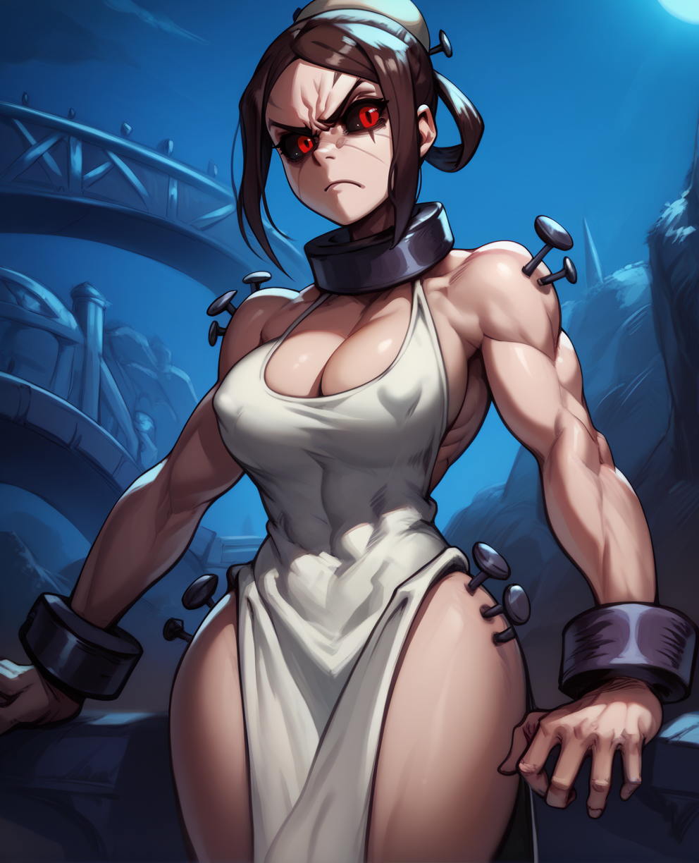score_9,score_8_up,score_7_up,score_6_up,
painwheelxl,red eyes,brown hair,hairbun,black sclera,looking at viewer,angry,
white dress,metal neck collar,bare shoulders,bolts,toned,side slit,pelvic curtain,cuffs,
night, bridge,cleavage, curvy, covered nipples, 
<lora:Painwheel:0.9>,solo,