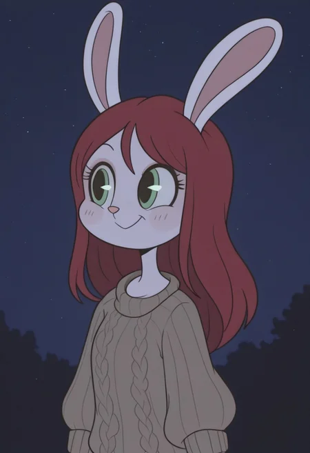 masterpiece,best quality,amazing quality, very aesthetic,
rabbit girl,furry,red hair,white rabbit ear,solo,add detailed eyes,green eyes,dressed, black roll-up sweater,happy,long hair,
late night,RetroXL,,toon \(style\), flat color, black eyes,