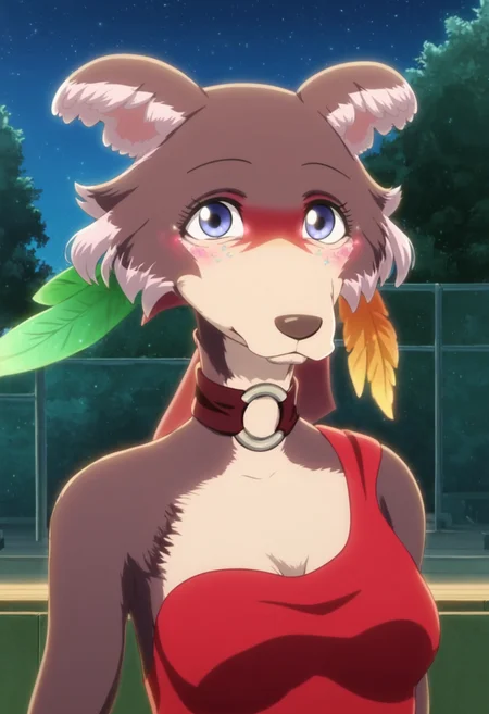 score_9, score_8_up, score_8, score_7_up, score_7, score_6, sidelighting, volumetric lighting, ray tracing, detailed lighting, subsurface scattering, (masterpiece, best quality), very aesthetic, source_furry,  solo, cute, blush, cute  pose, juno, wolf girl, brown-purple fur, blue eyes, wolf tail, red dress, o-ring choker, makeup, rhinestones on face, feathers, red shoes, <lora:JunoUpdated:1>, outdoors,  (upper body, face focus, close, looking at viewer:1.2), park background, spotlights, on stage,  evening, starry sky, flowers, ultra-detailed, absurdres, depth of field, blurry background, cute smile, 1girl, (girly:1.2), (fullfigured ,voluptuous:1.4),  medium breasts, round breasts,  perky breasts,  detailed fur